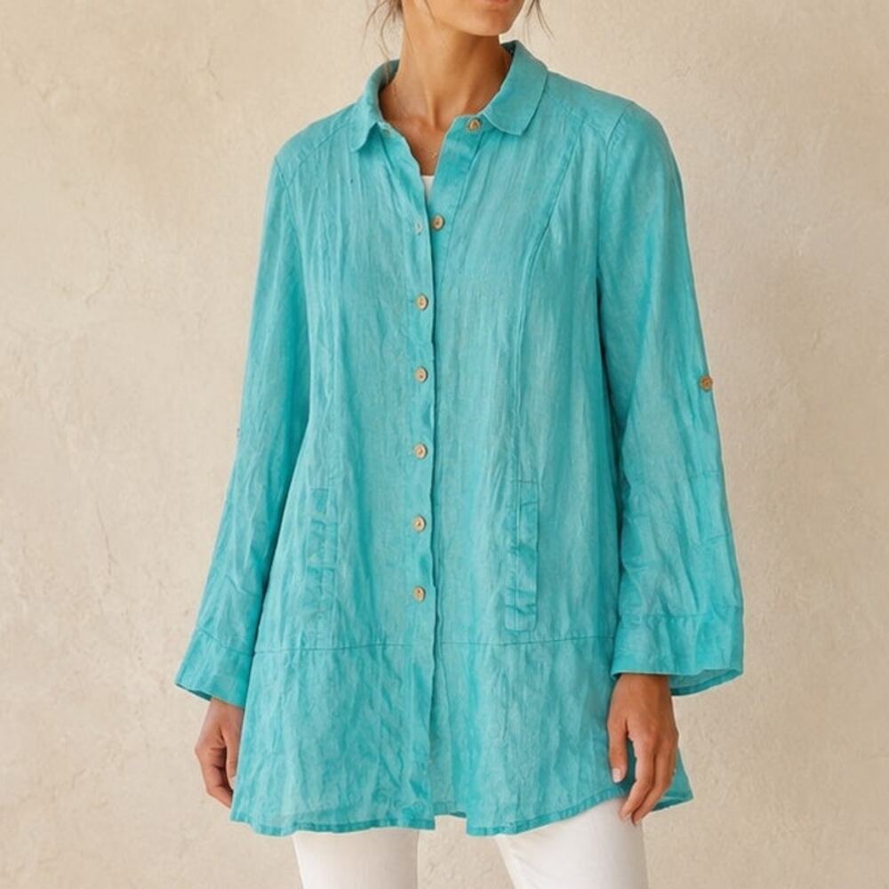 Soft Surroundings Island Breeze Aqua Linen Tunic Shirt XS Coastal Lagenlook